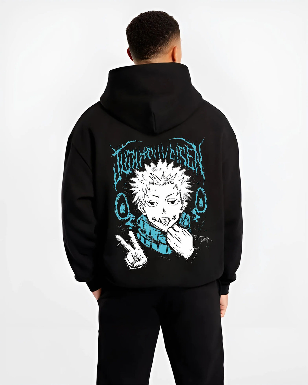 Black hoodie model back view showing Yuji Itadori from Jujutsu Kaisen: eating Sukuna finger