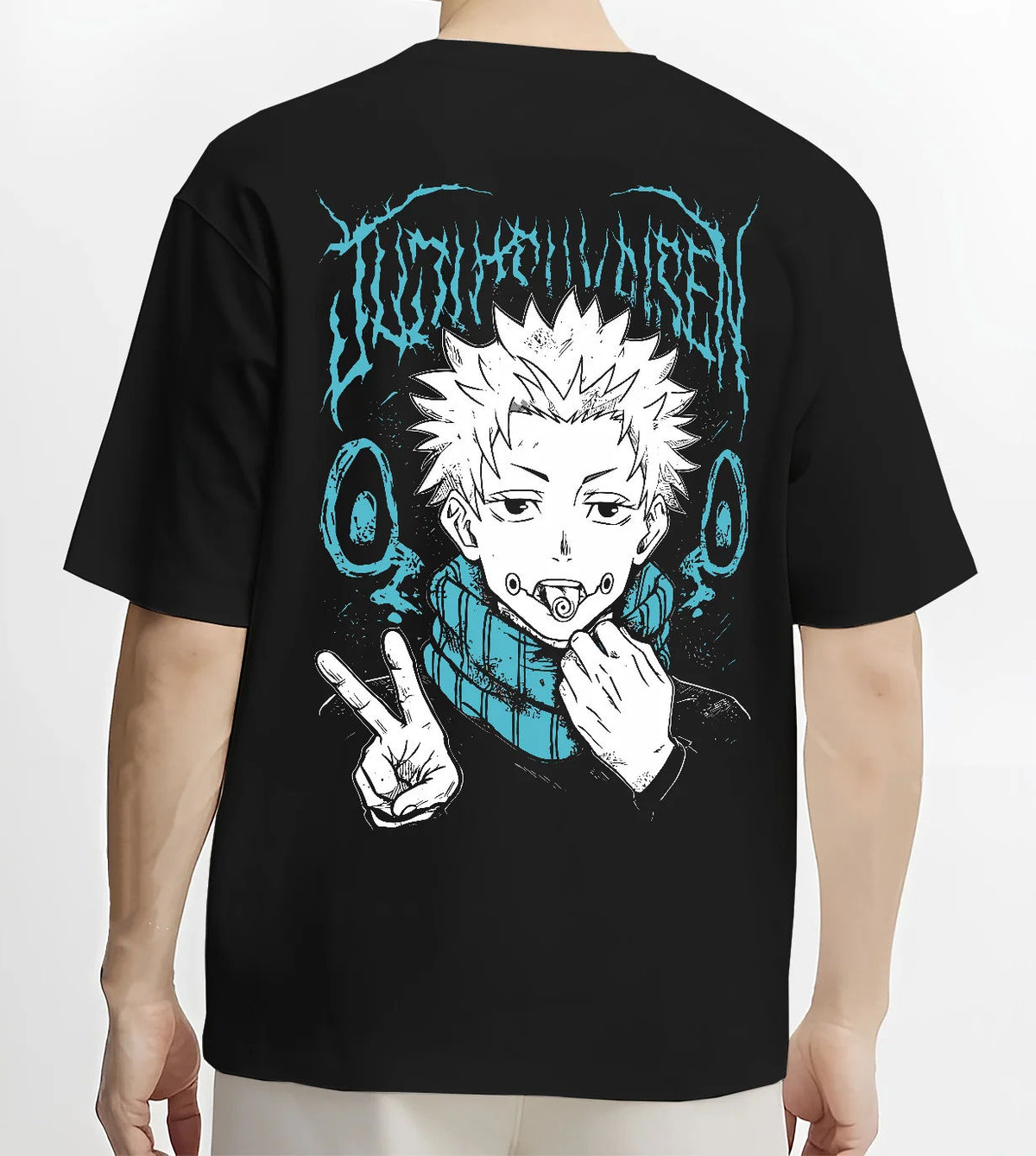 Black T-shirt model back view showing Yuji Itadori from Jujutsu Kaisen: eating Sukuna finger