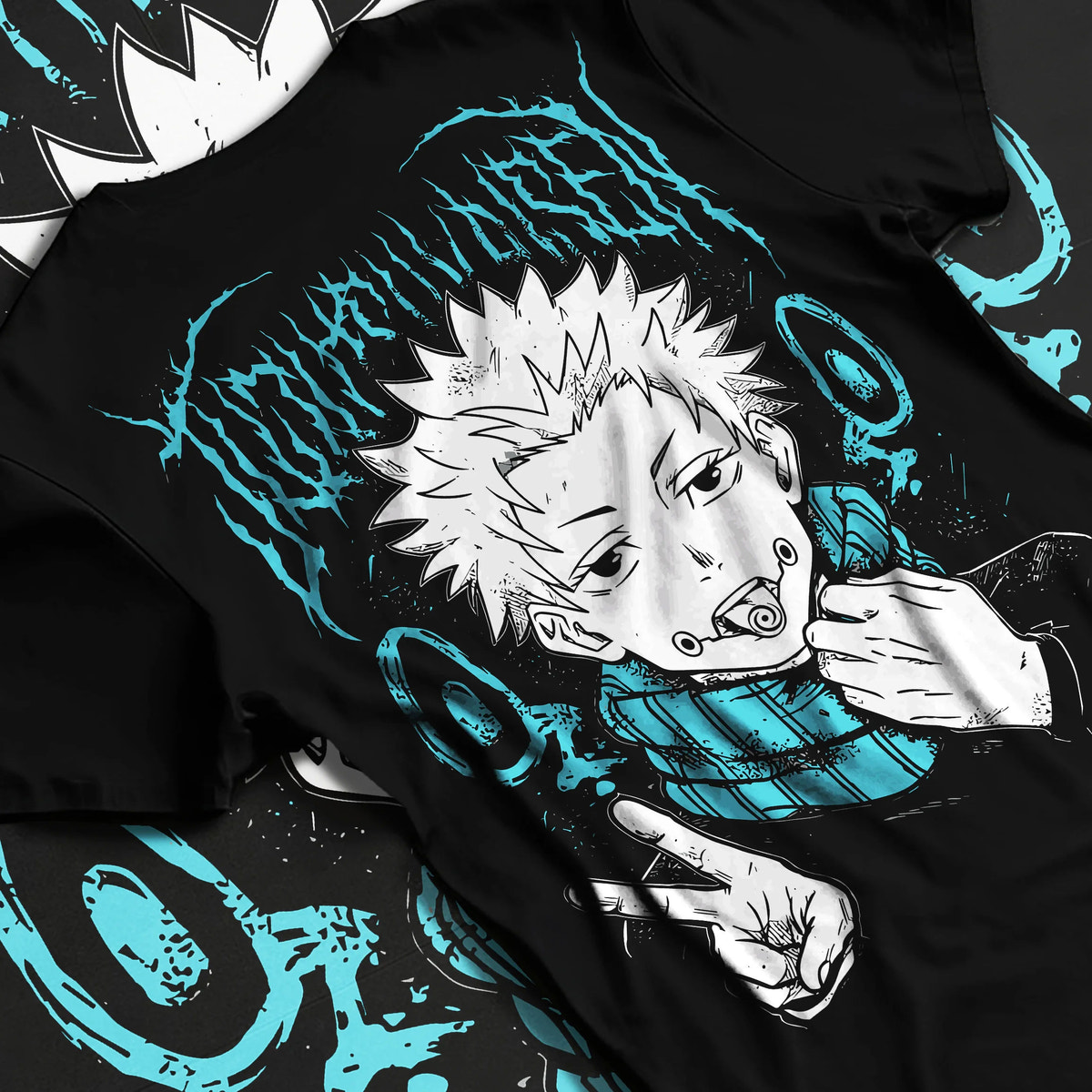 Black T-shirt flat back view showing Yuji Itadori from Jujutsu Kaisen: eating Sukuna finger