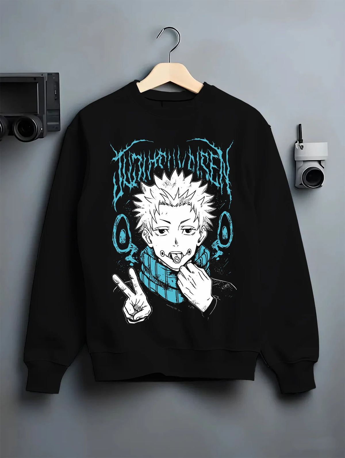 Black crewneck sweatshirt on hanger showing Yuji Itadori from Jujutsu Kaisen: eating Sukuna finger