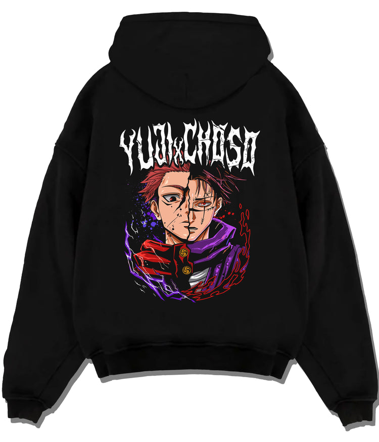 Black hoodie flat back view showing Yuji Itadori / Sukuna from Jujutsu Kaisen: half-face purple portrait