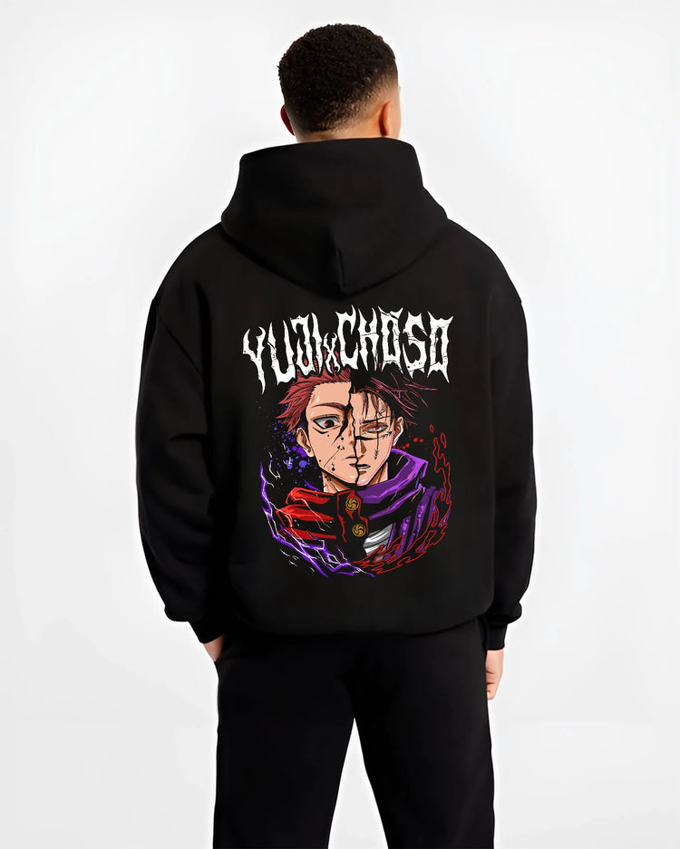 Black hoodie model back view showing Yuji Itadori / Sukuna from Jujutsu Kaisen: half-face purple portrait