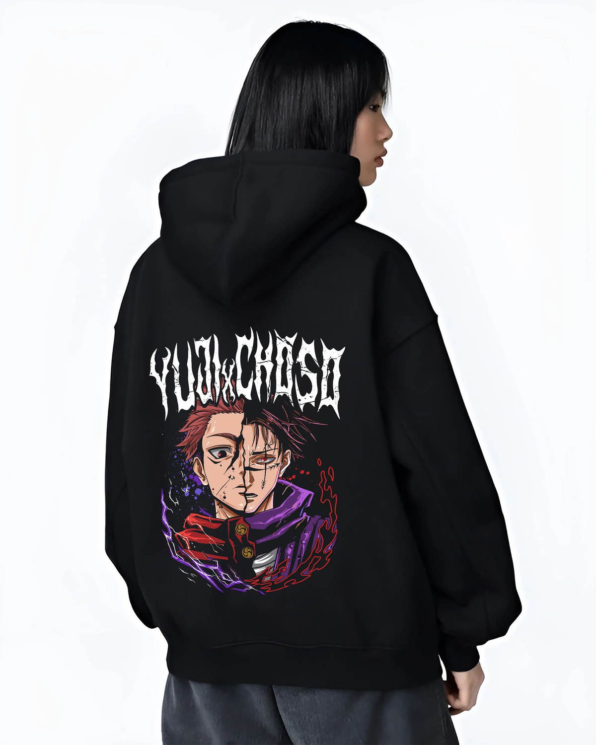 Black hoodie female model back view showing Yuji Itadori / Sukuna from Jujutsu Kaisen: half-face purple portrait