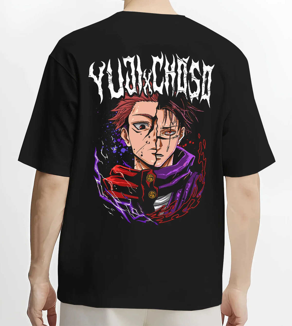 Black T-shirt model back view showing Yuji Itadori / Sukuna from Jujutsu Kaisen: half-face purple portrait