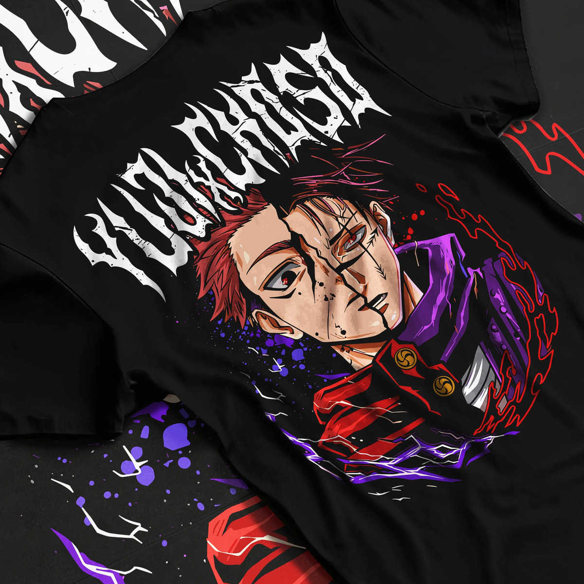Black T-shirt flat back view showing Yuji Itadori / Sukuna from Jujutsu Kaisen: half-face purple portrait