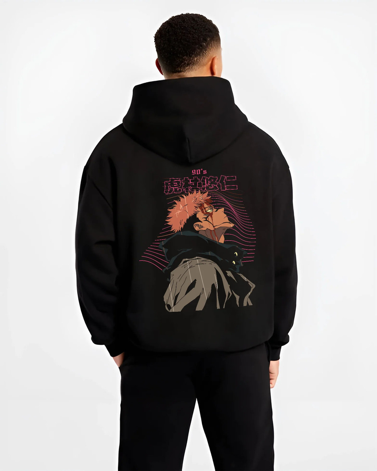 Black hoodie model back view showing Yuji Itadori / Sukuna from Jujutsu Kaisen: shadowy hooded side profile