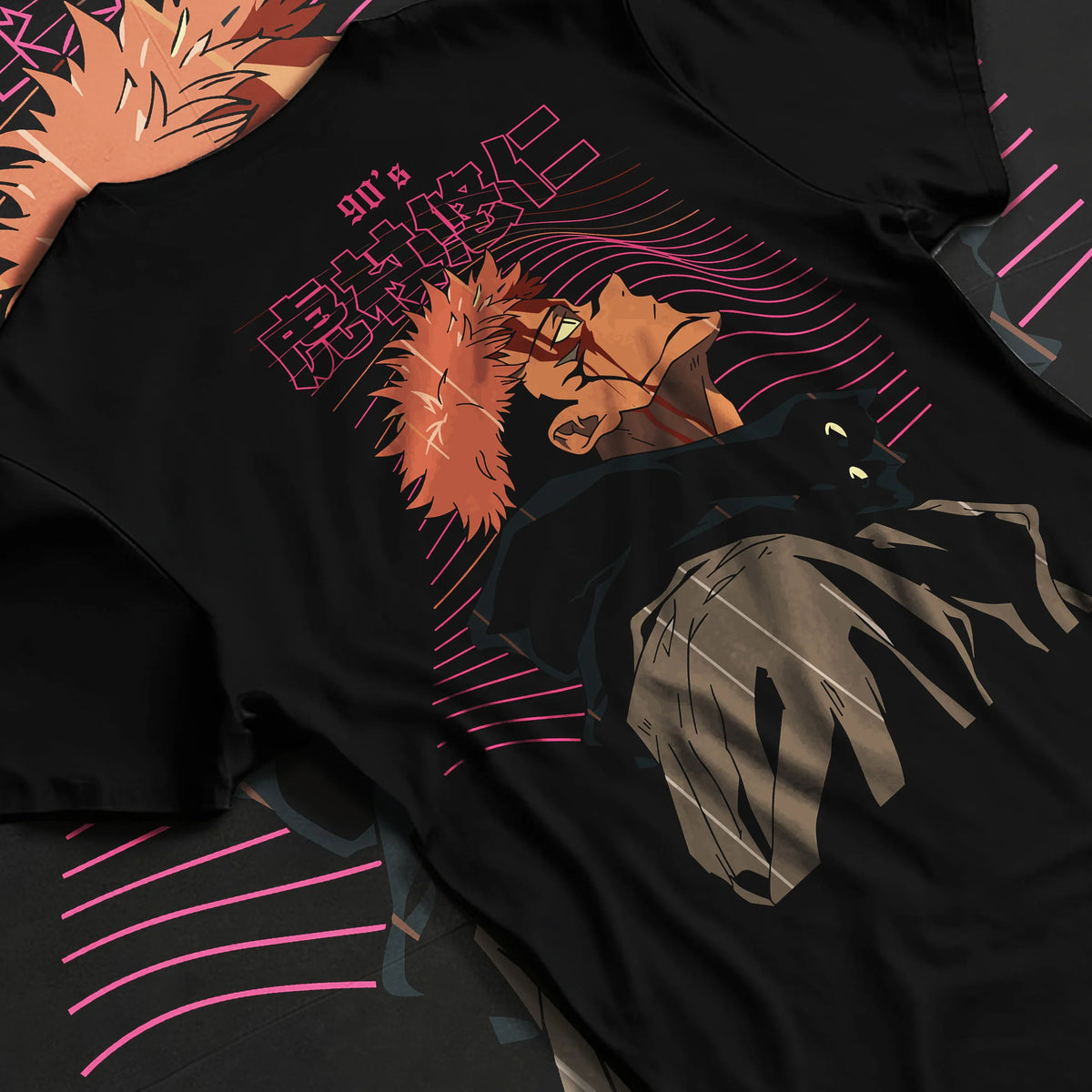 Black T-shirt flat back view showing Yuji Itadori / Sukuna from Jujutsu Kaisen: shadowy hooded side profile
