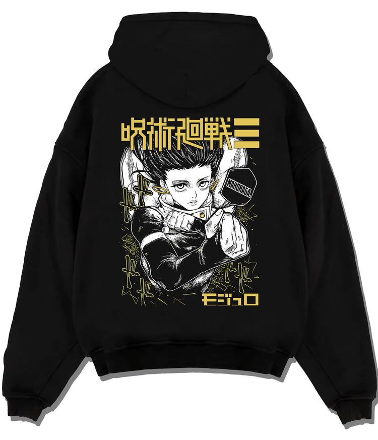 Black hoodie flat back view showing Yuji Itadori from Jujutsu Kaisen: arm extended action pose