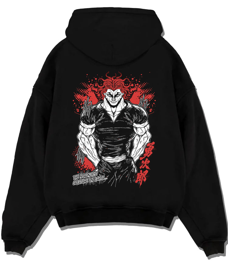 Black hoodie flat back view with Yujiro Hanma (muscular, red-haired portrait) from Baki illustrated back graphic