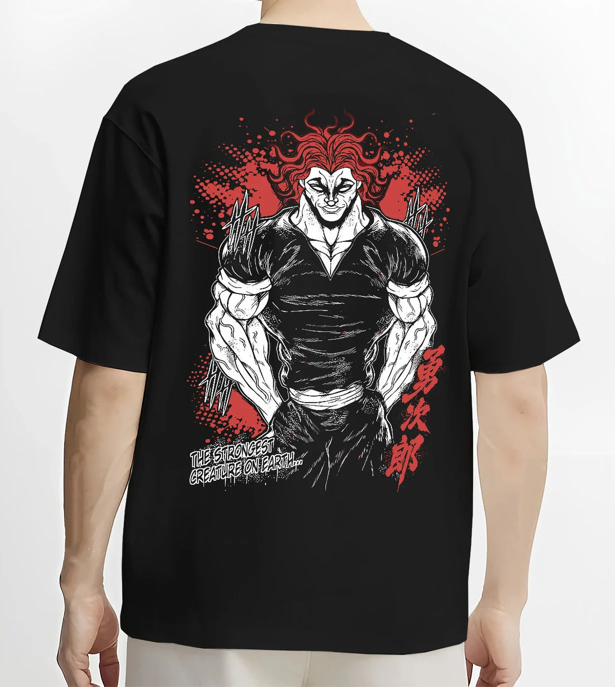 Black T-shirt model back view with Yujiro Hanma (muscular, red-haired portrait) from Baki illustrated back graphic