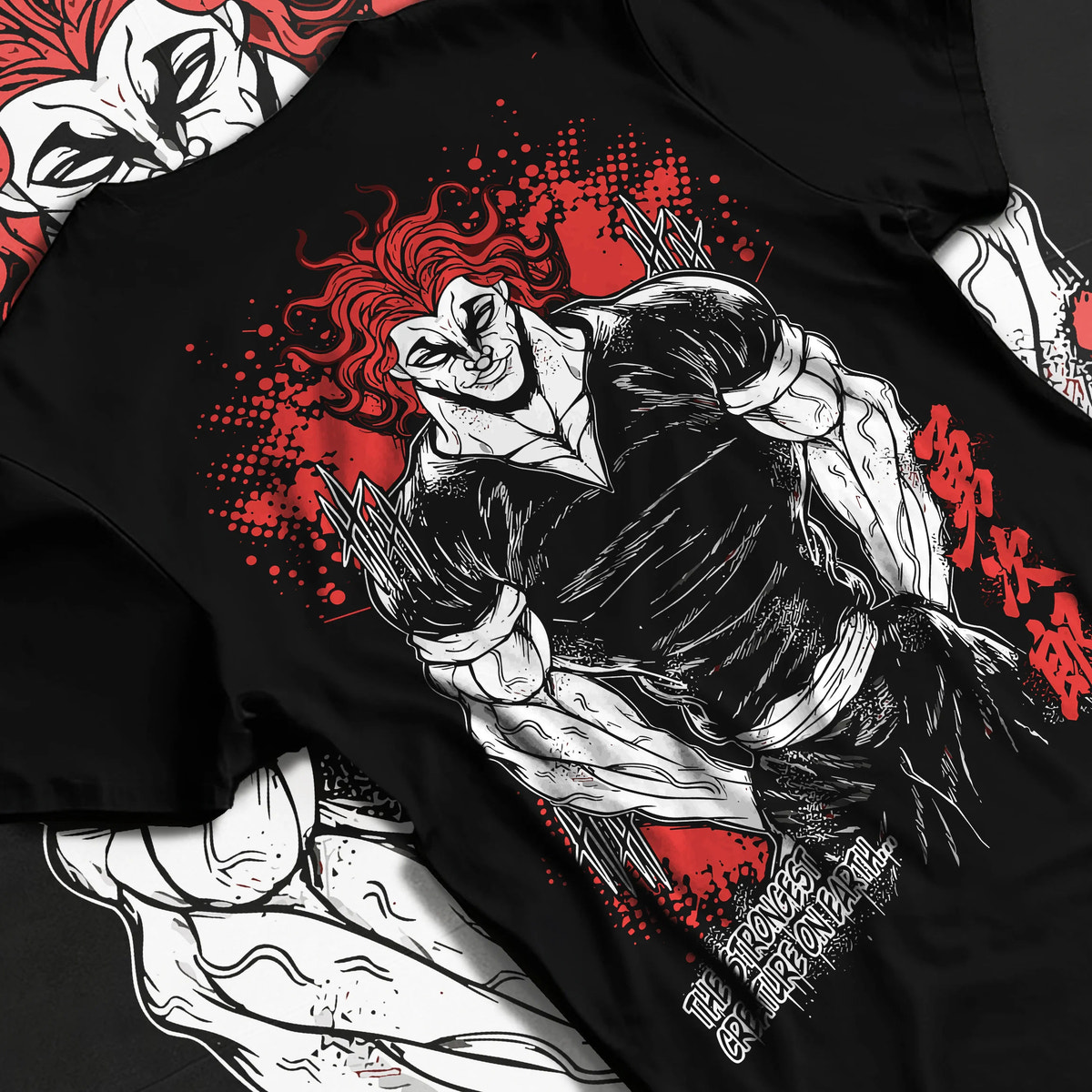 Black T-shirt flat back view with Yujiro Hanma (muscular, red-haired portrait) from Baki illustrated back graphic