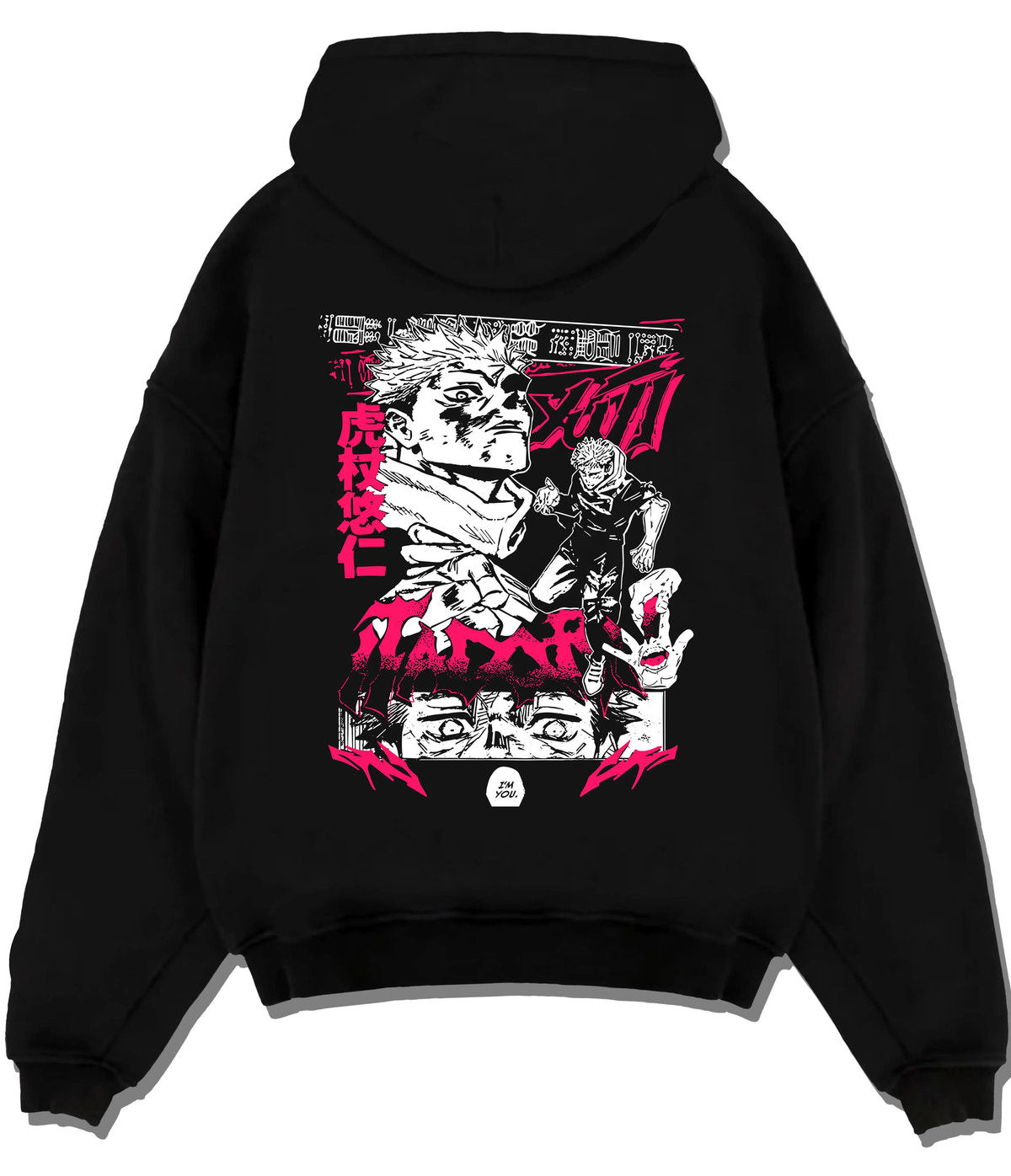 Black hoodie flat back view showing Yuji Itadori and Sukuna from Jujutsu Kaisen: manga collage