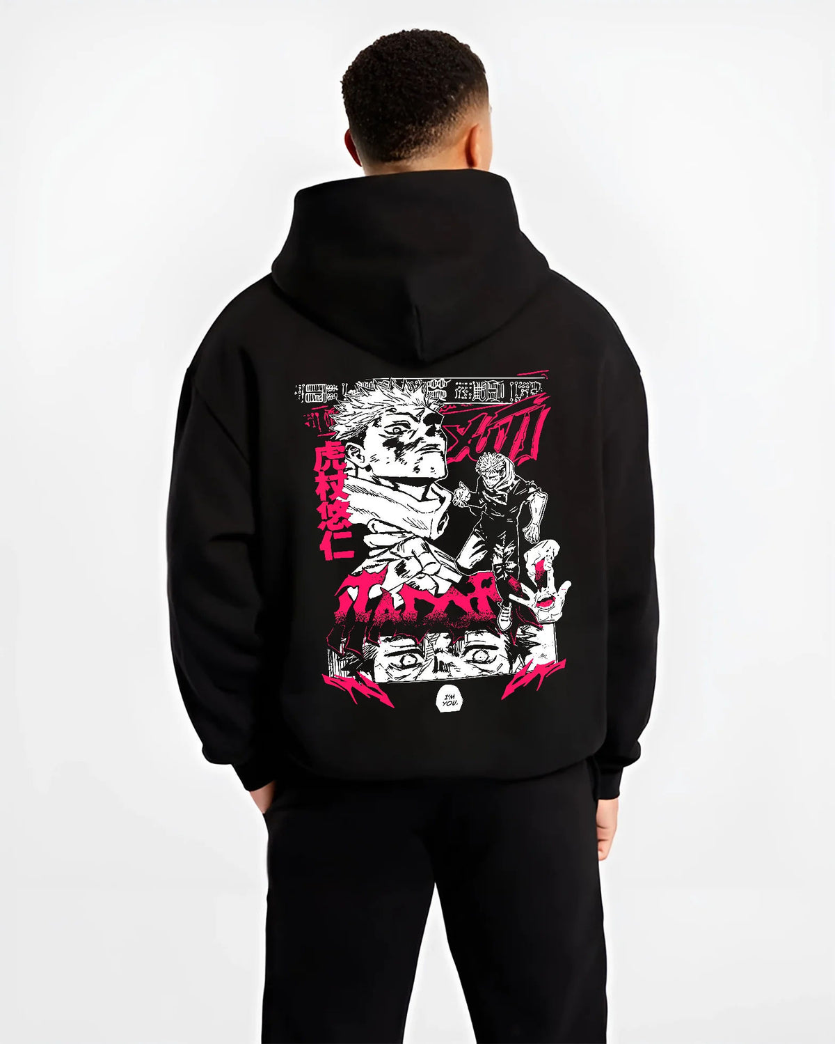 Black hoodie model back view showing Yuji Itadori and Sukuna from Jujutsu Kaisen: manga collage