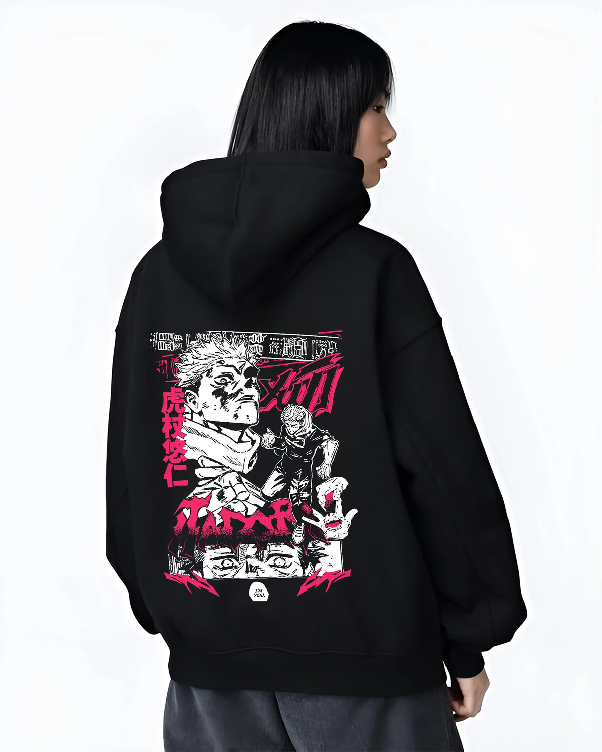 Black hoodie female model back view showing Yuji Itadori and Sukuna from Jujutsu Kaisen: manga collage