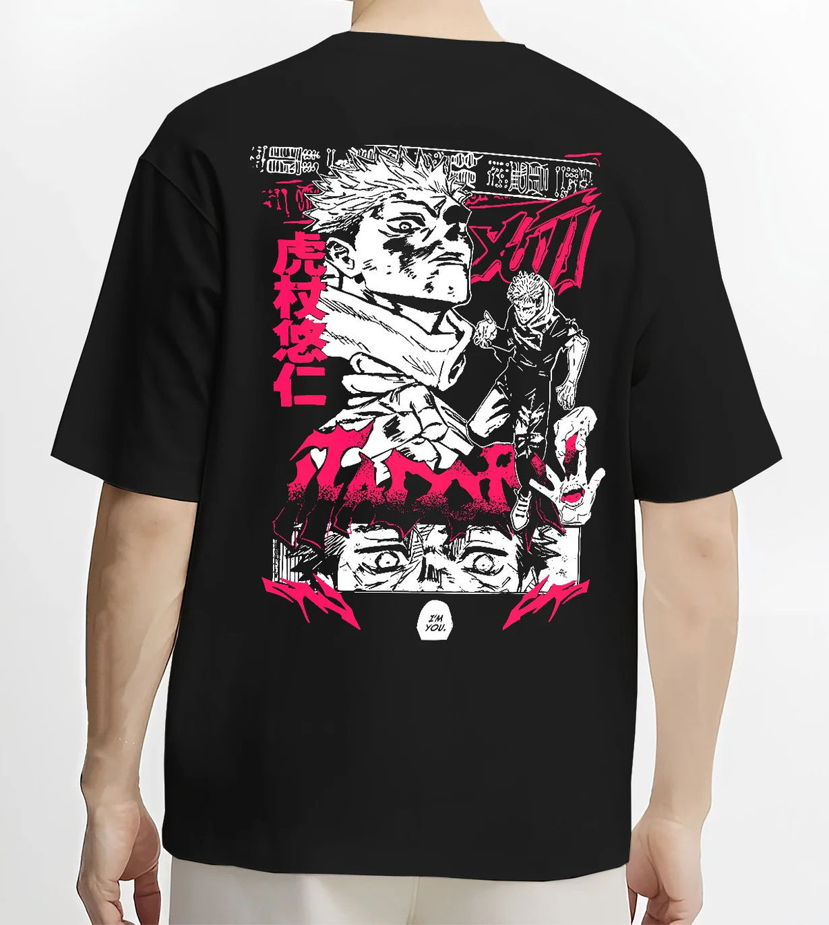Black T-shirt model back view showing Yuji Itadori and Sukuna from Jujutsu Kaisen: manga collage