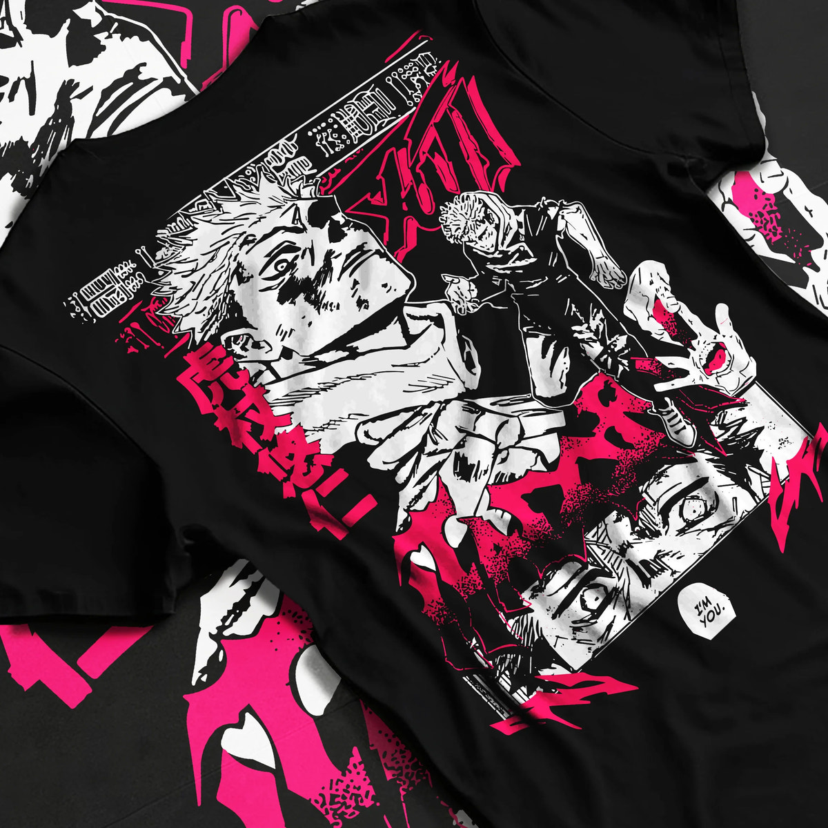 Black T-shirt flat back view showing Yuji Itadori and Sukuna from Jujutsu Kaisen: manga collage