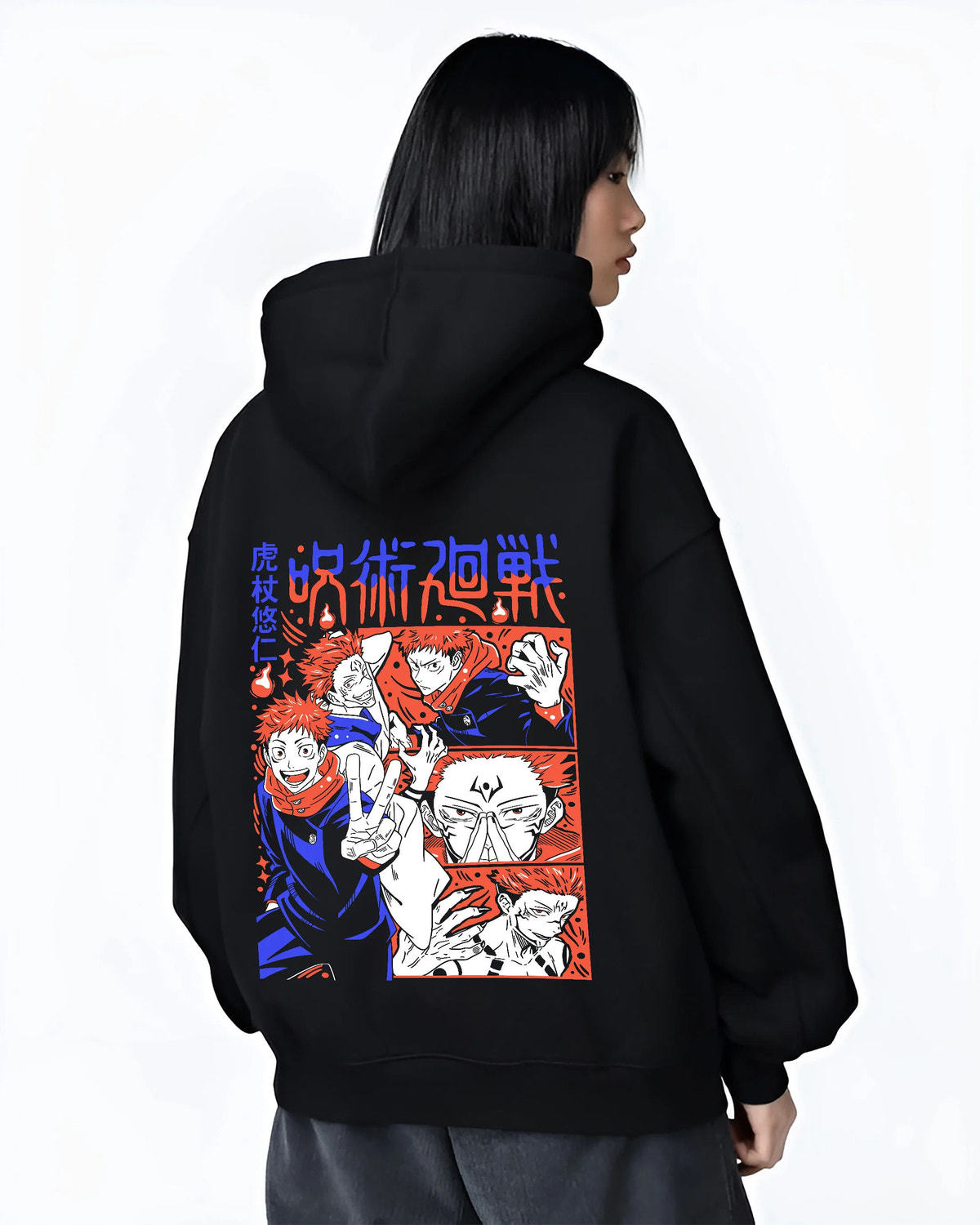 Black hoodie female model back view showing Yuji Itadori and Sukuna from Jujutsu Kaisen: manga montage