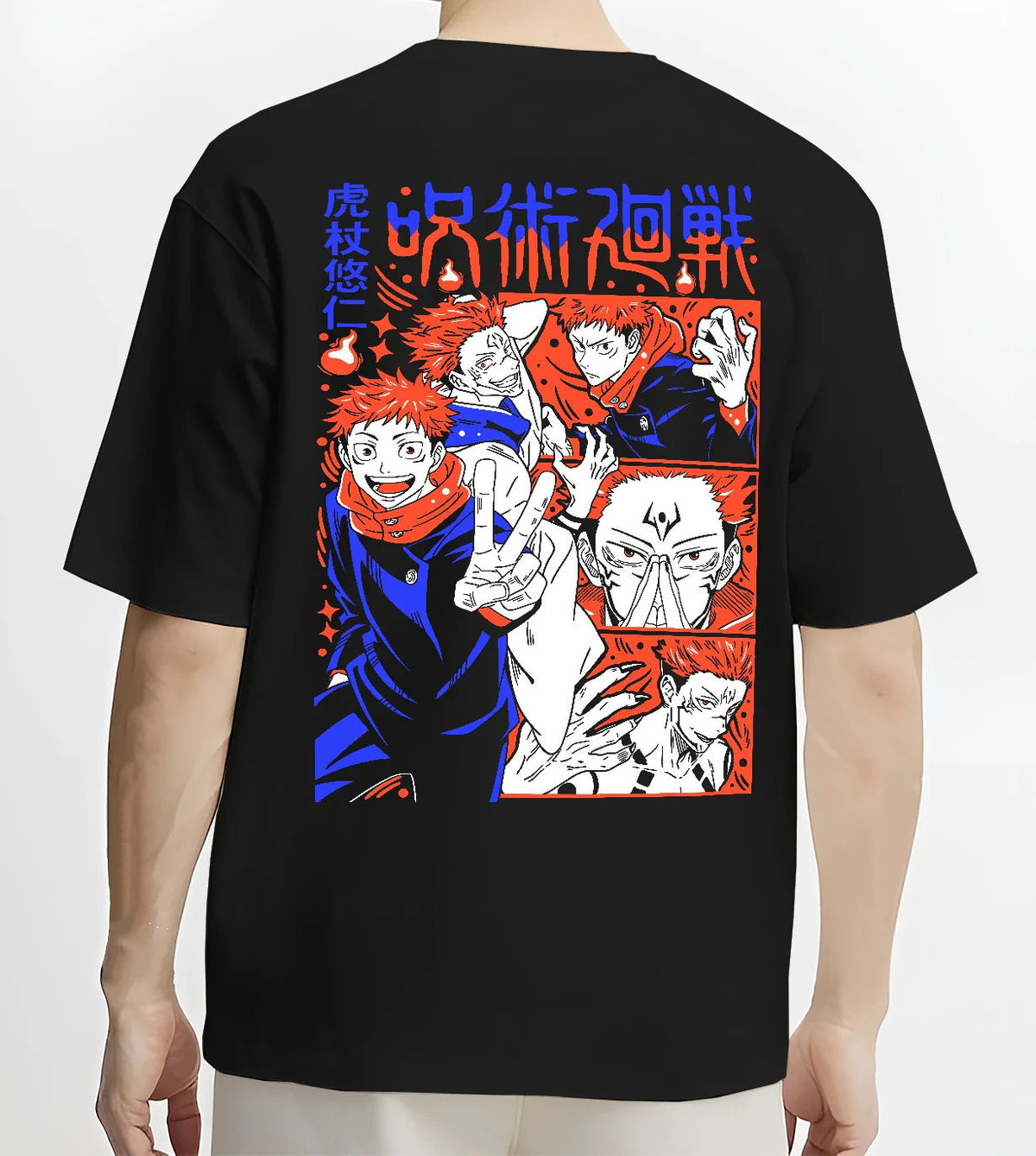 Black T-shirt model back view showing Yuji Itadori and Sukuna from Jujutsu Kaisen: manga montage