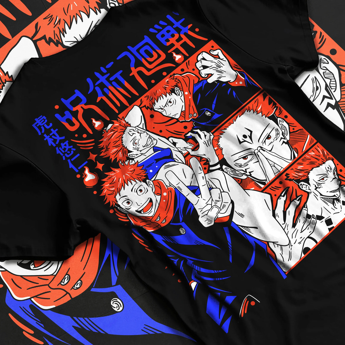 Black T-shirt flat back view showing Yuji Itadori and Sukuna from Jujutsu Kaisen: manga montage