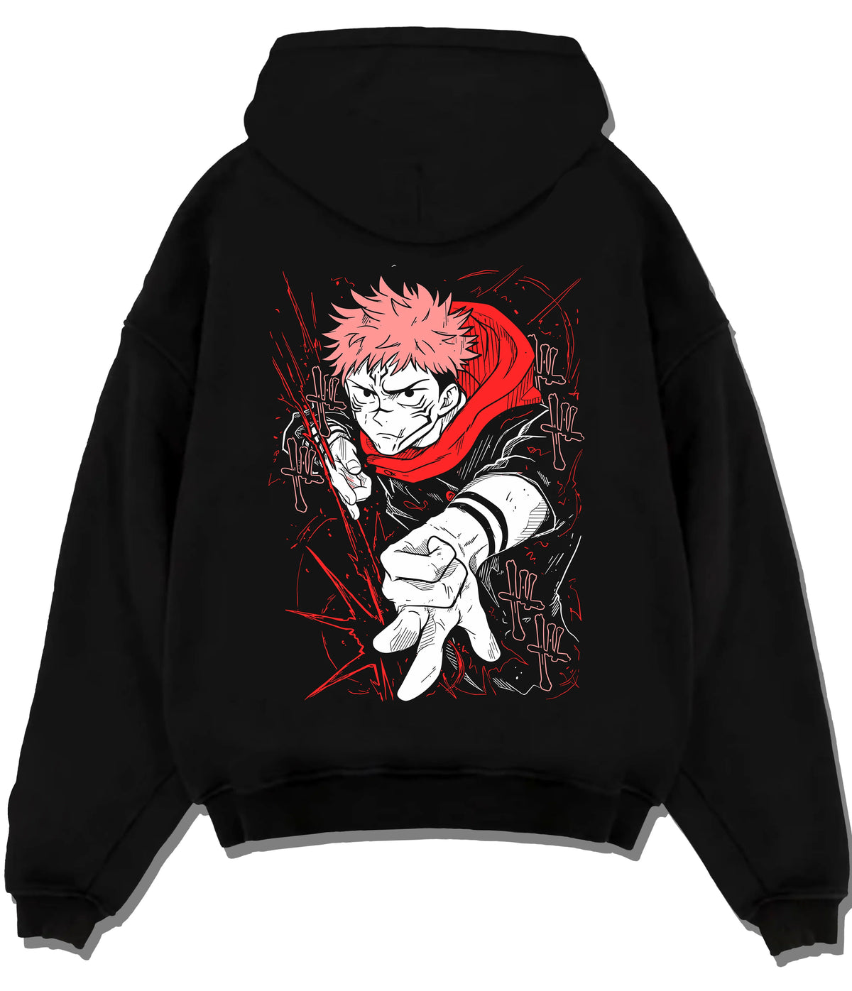 Black hoodie flat back view showing Yuji Itadori and Ryomen Sukuna from Jujutsu Kaisen: dual portrait