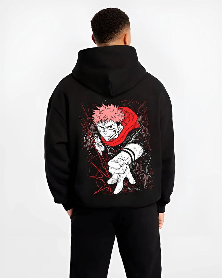 Black hoodie model back view showing Yuji Itadori and Ryomen Sukuna from Jujutsu Kaisen: dual portrait