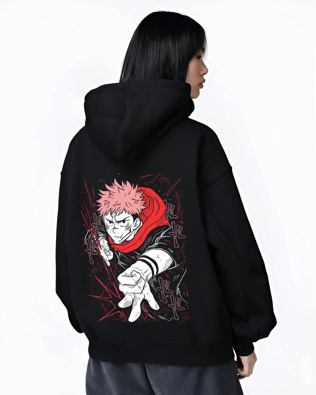 Black hoodie female model back view showing Yuji Itadori and Ryomen Sukuna from Jujutsu Kaisen: dual portrait