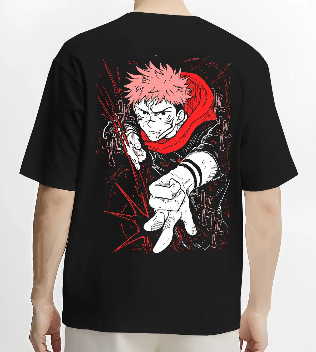 Black T-shirt model back view showing Yuji Itadori and Ryomen Sukuna from Jujutsu Kaisen: dual portrait