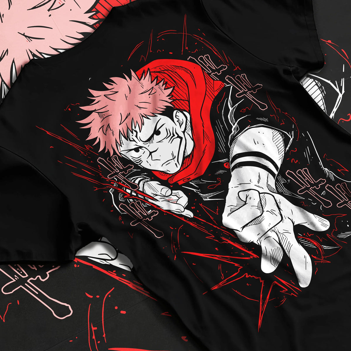 Black T-shirt flat back view showing Yuji Itadori and Ryomen Sukuna from Jujutsu Kaisen: dual portrait