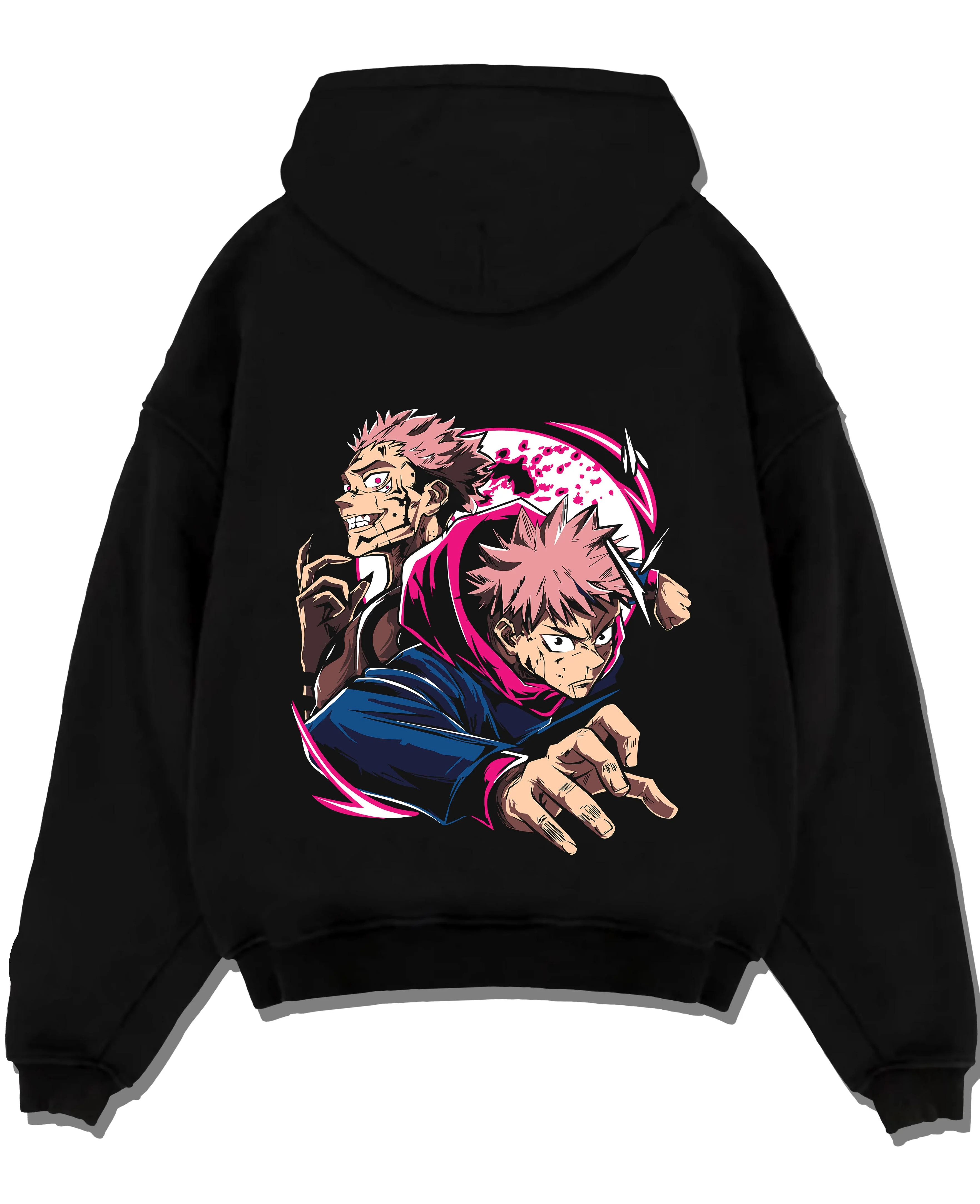 Black pullover hoodie laid flat with Yuji Itadori Hoodie Jujutsu Kaisen Cursed Energy graphic premium wear.