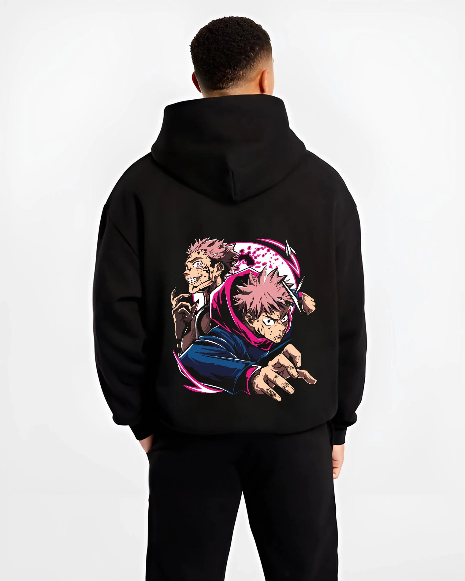 Black hoodie worn by male model, back view with Yuji Itadori Hoodie Jujutsu Kaisen Cursed Energy graphic bold anime graphic.