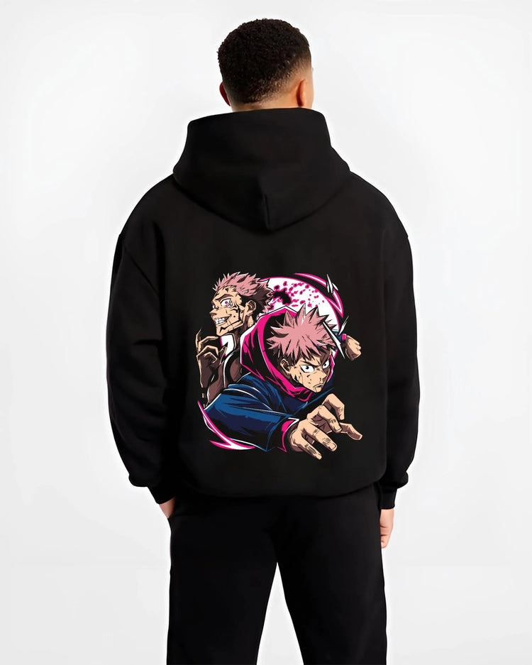 Black hoodie worn by male model, back view with Yuji Itadori Hoodie Jujutsu Kaisen Cursed Energy graphic bold anime graphic.