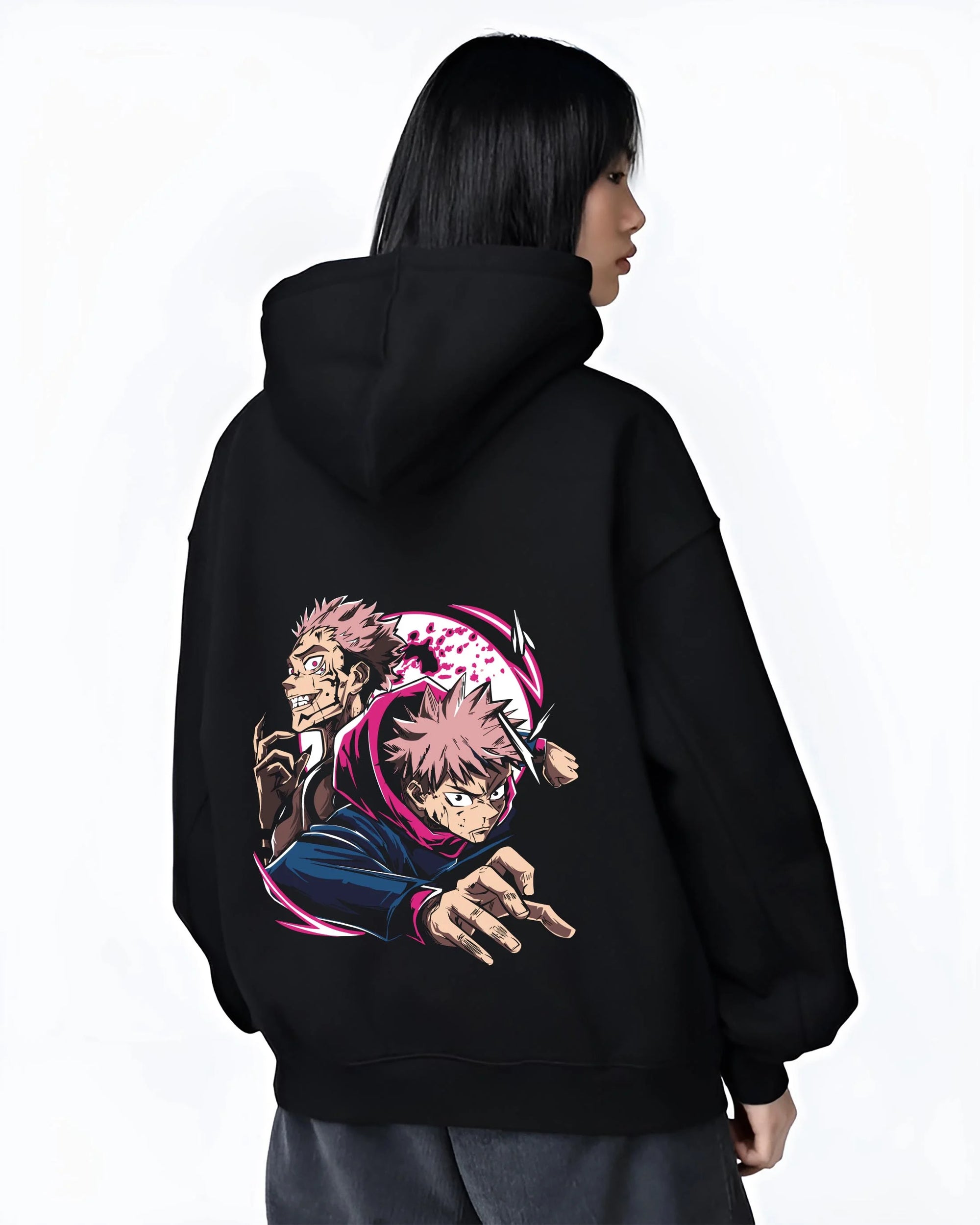 Black hoodie worn by female model, back view with Yuji Itadori Hoodie Jujutsu Kaisen Cursed Energy graphic premium wear.