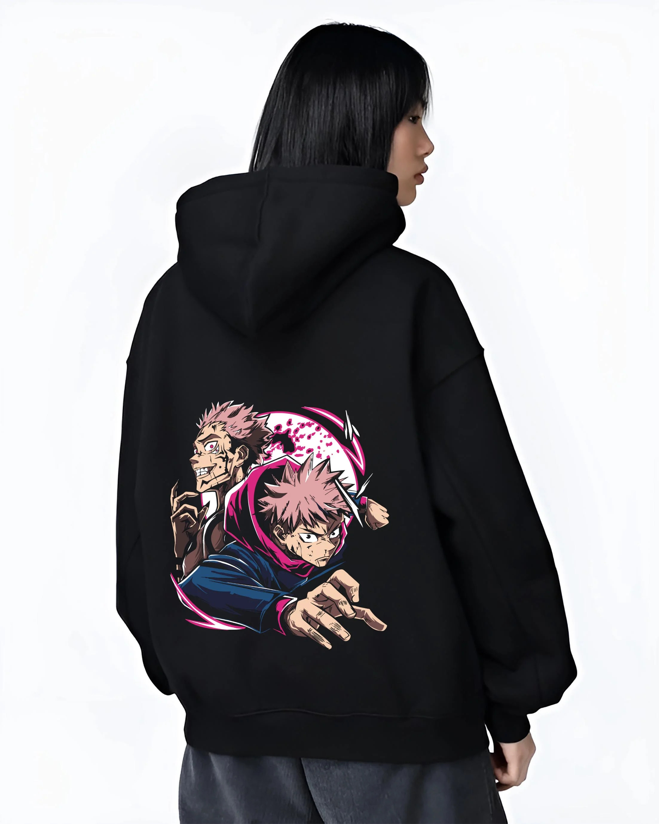 Black hoodie worn by female model, back view with Yuji Itadori Hoodie Jujutsu Kaisen Cursed Energy graphic premium wear.