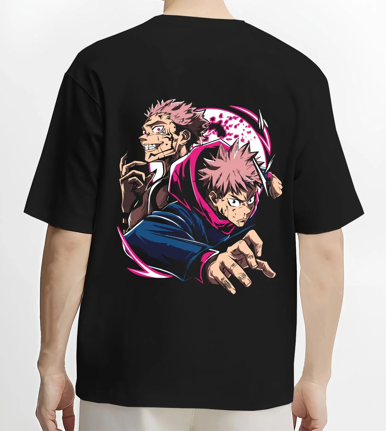 Black T-shirt worn by male model, back view with Yuji Itadori Hoodie Jujutsu Kaisen Cursed Energy graphic streetwear graphic.