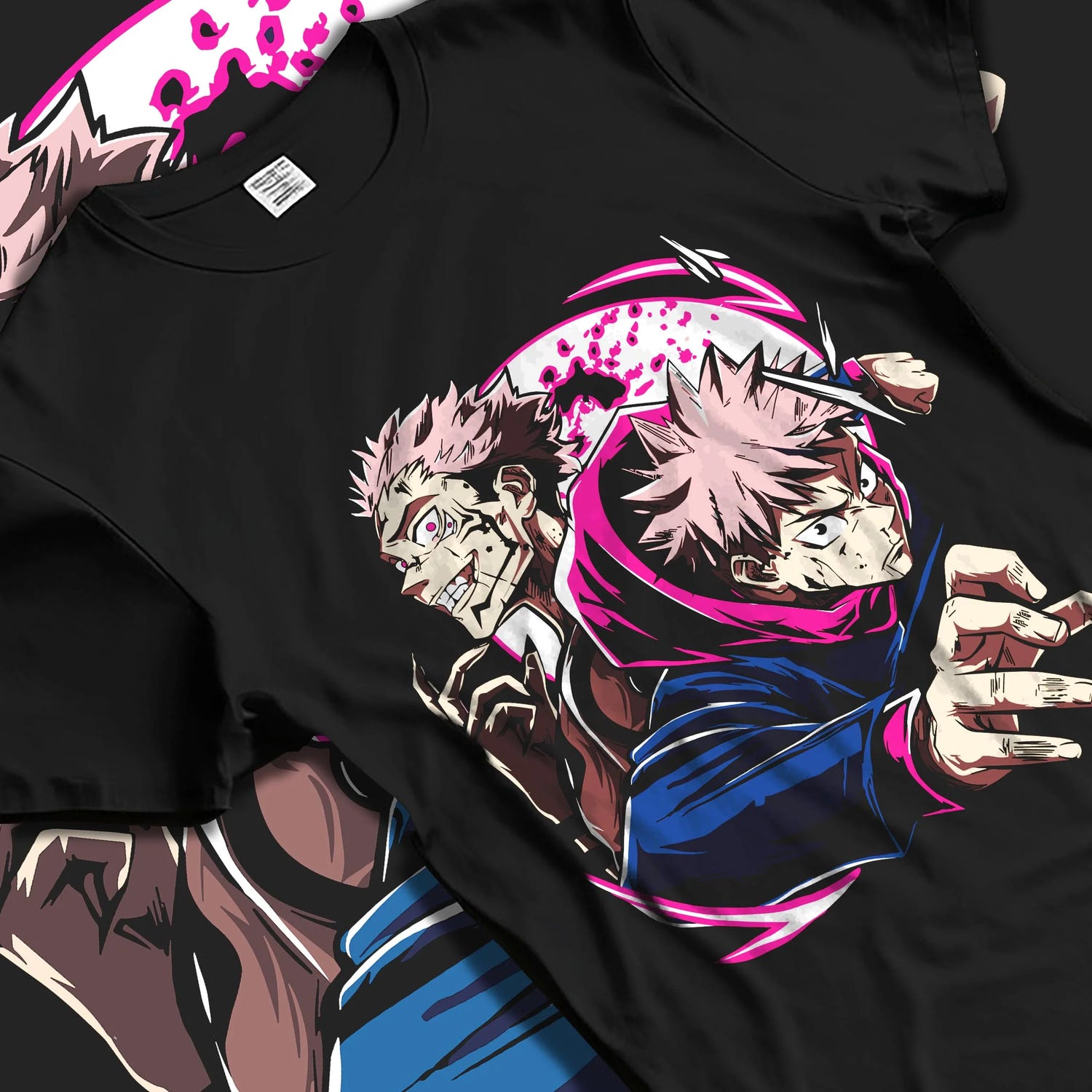 Black T-shirt laid flat with natural folds with Yuji Itadori Hoodie Jujutsu Kaisen Cursed Energy graphic bold anime graphic.