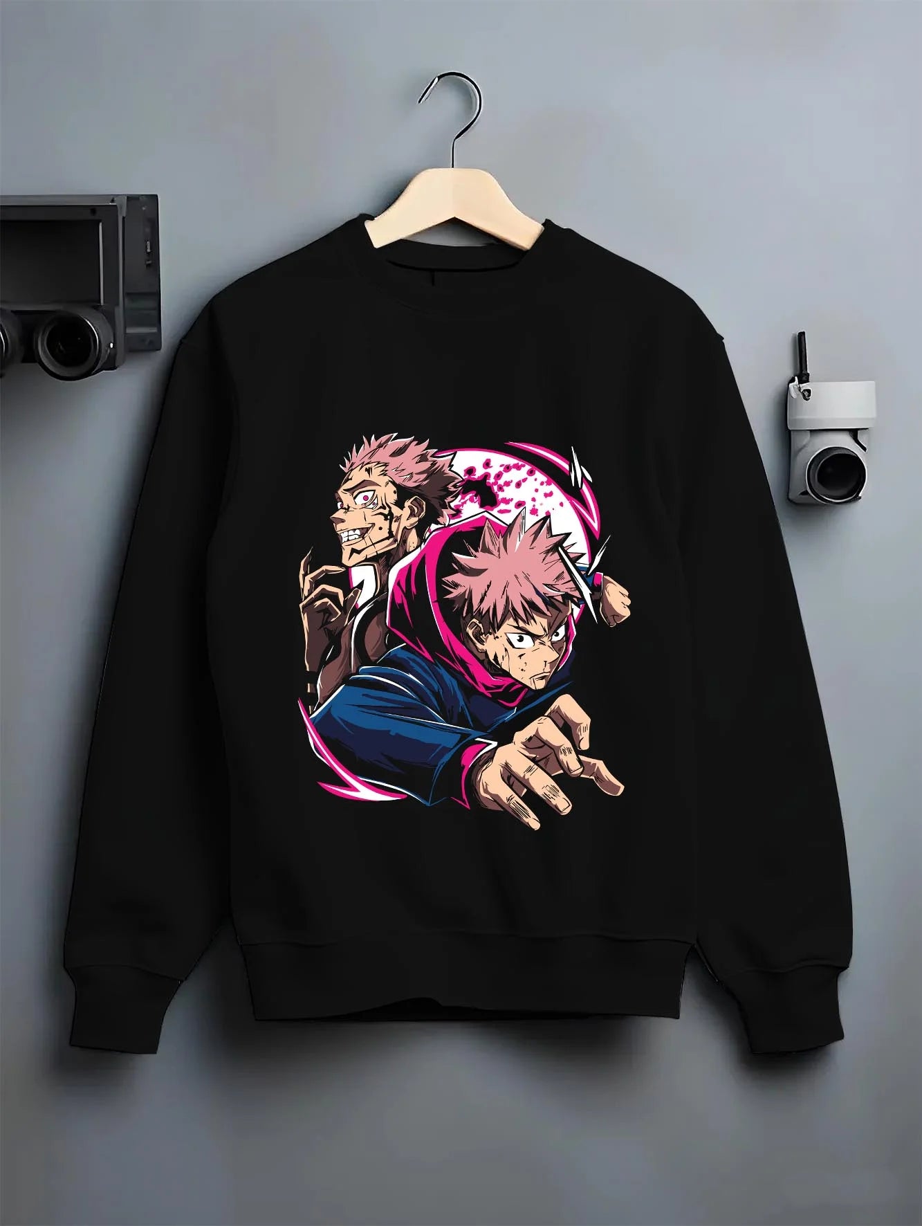 Black crewneck sweatshirt on hanger with Yuji Itadori Hoodie Jujutsu Kaisen Cursed Energy graphic premium wear.