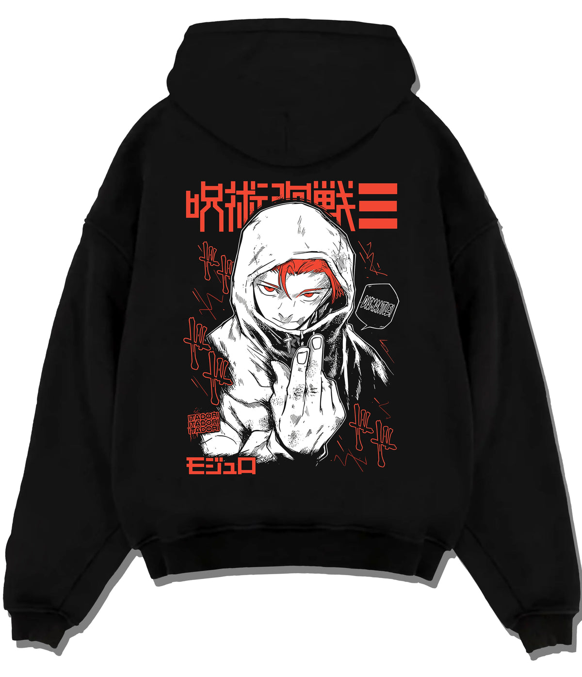 Black hoodie flat back view showing Yuji Itadori from Jujutsu Kaisen: hooded manga portrait