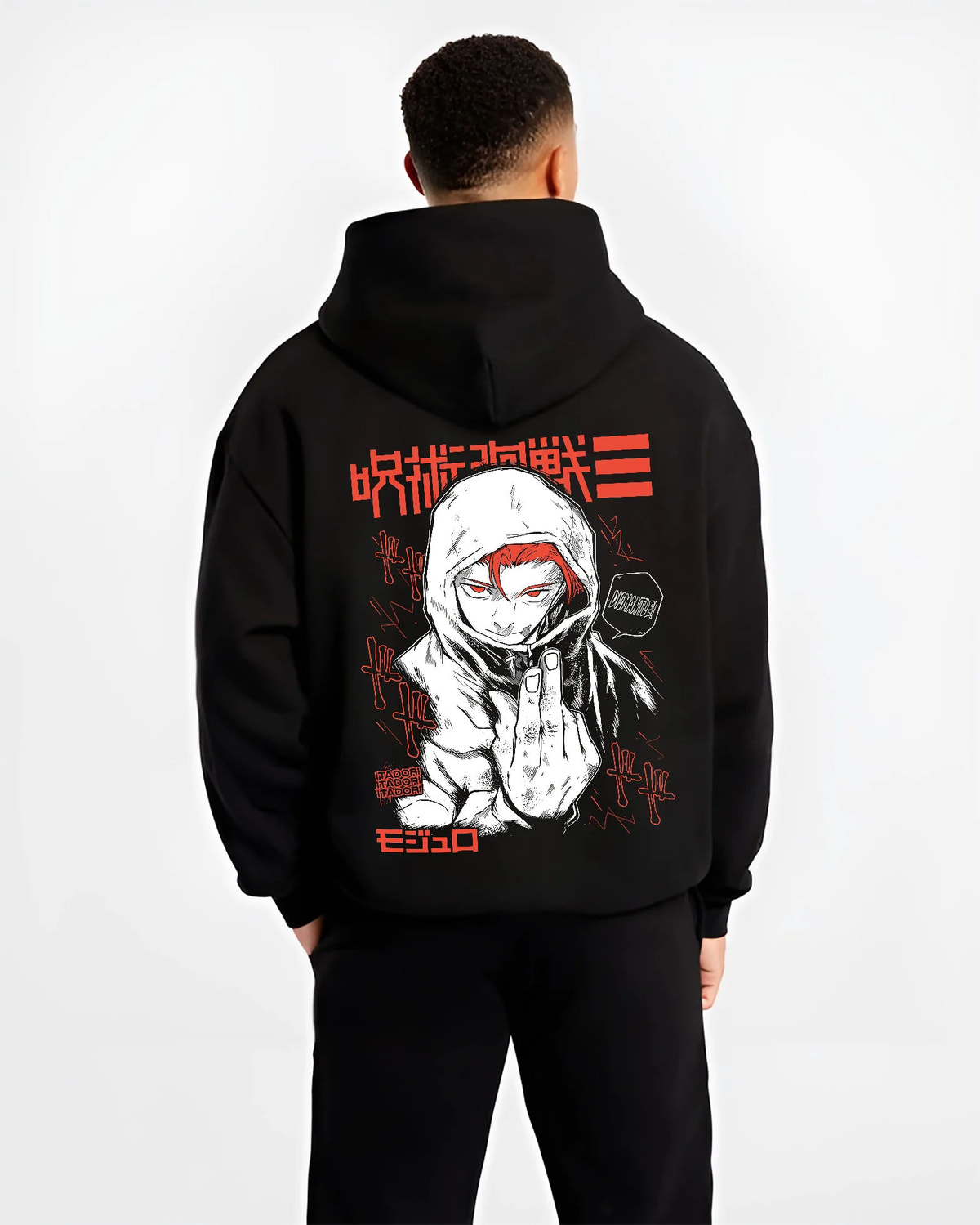 Black hoodie model back view showing Yuji Itadori from Jujutsu Kaisen: hooded manga portrait