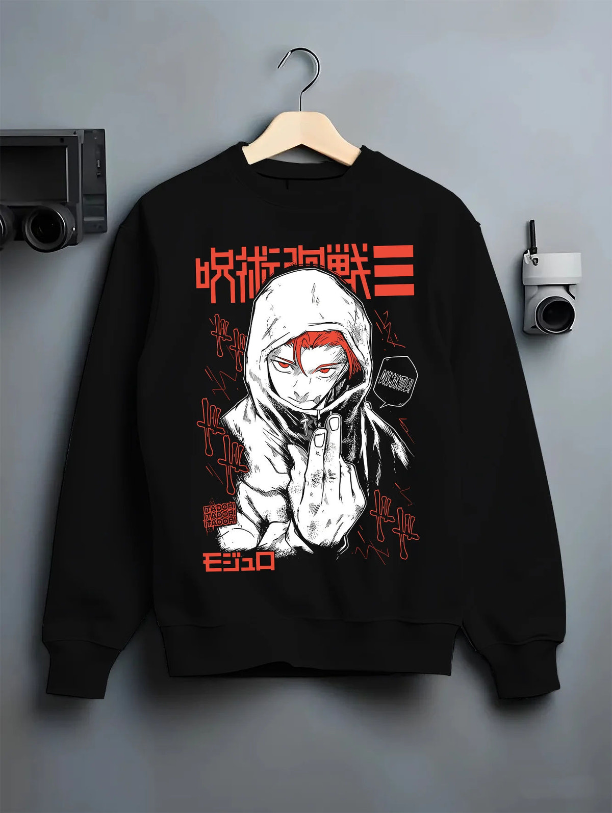 Black crewneck sweatshirt on hanger showing Yuji Itadori from Jujutsu Kaisen: hooded manga portrait