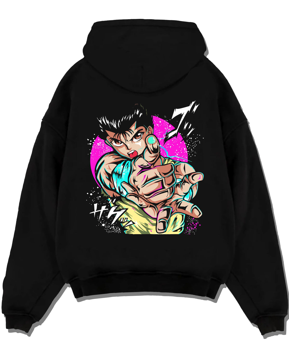 Black hoodie laid flat featuring Yusuke Urameshi Spirit Gun Yu Yu Hakusho artwork.