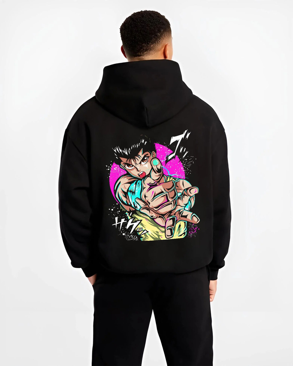 Black hoodie worn by male model from the back featuring Yusuke Urameshi Spirit Gun Yu Yu Hakusho artwork.