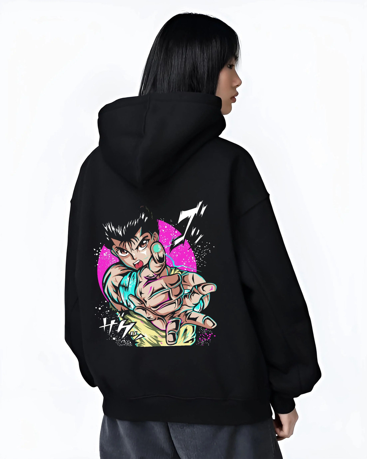 Black hoodie worn by female model from the back featuring Yusuke Urameshi Spirit Gun Yu Yu Hakusho artwork.