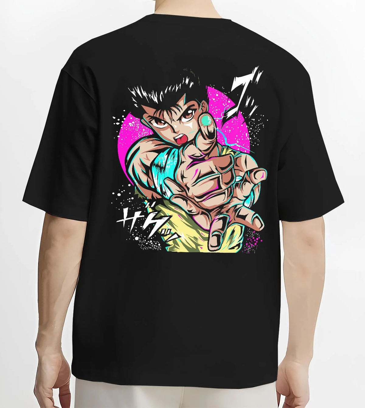 Black T-shirt worn by male model from the back featuring Yusuke Urameshi Spirit Gun Yu Yu Hakusho artwork.