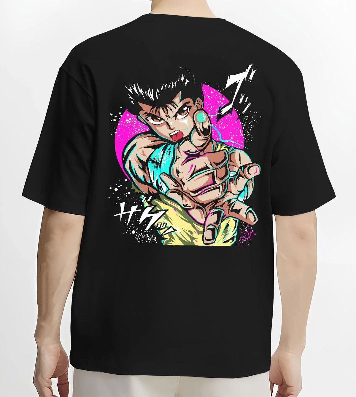 Black T-shirt worn by male model from the back featuring Yusuke Urameshi Spirit Gun Yu Yu Hakusho artwork.