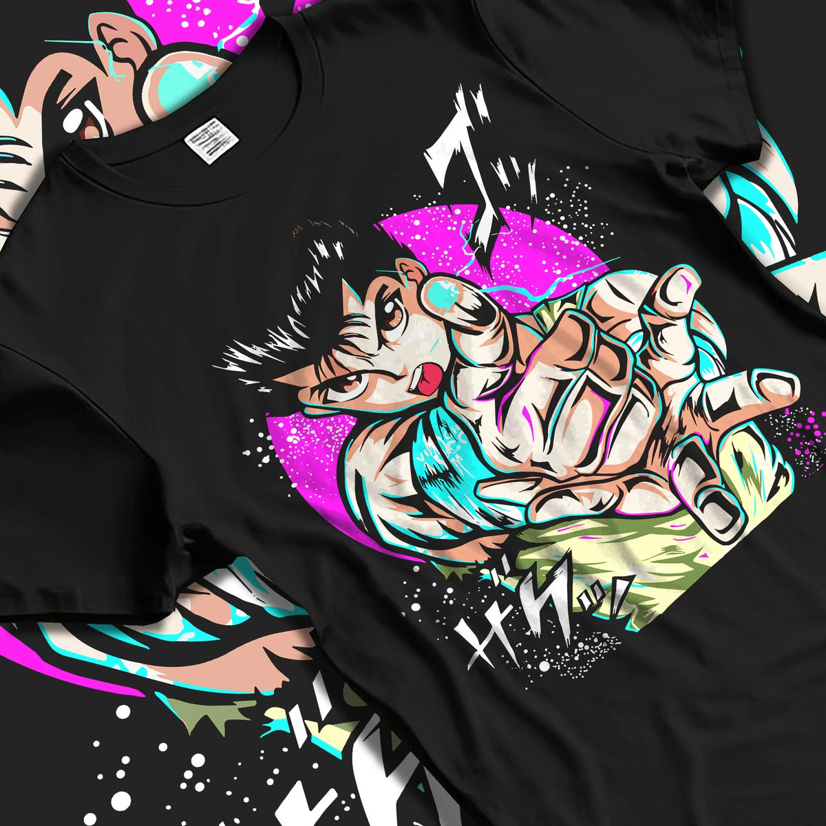Black T-shirt laid flat with natural folds featuring Yusuke Urameshi Spirit Gun Yu Yu Hakusho artwork.