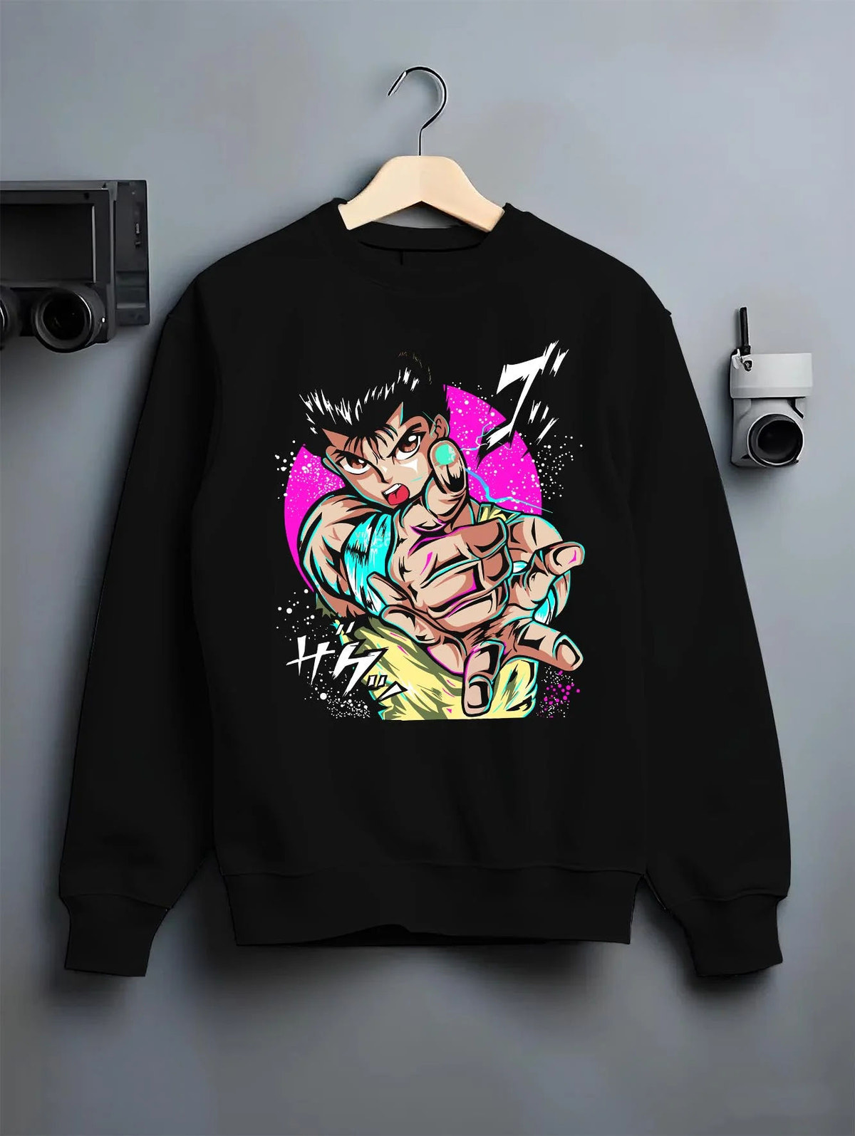 Black crewneck sweatshirt on hanger featuring Yusuke Urameshi Spirit Gun Yu Yu Hakusho artwork.