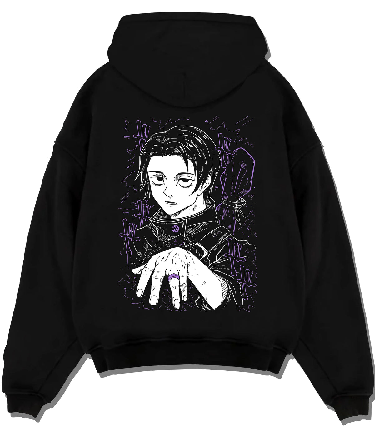 Black hoodie flat back view showing Yuta Okkotsu from Jujutsu Kaisen: hand-forward manga portrait