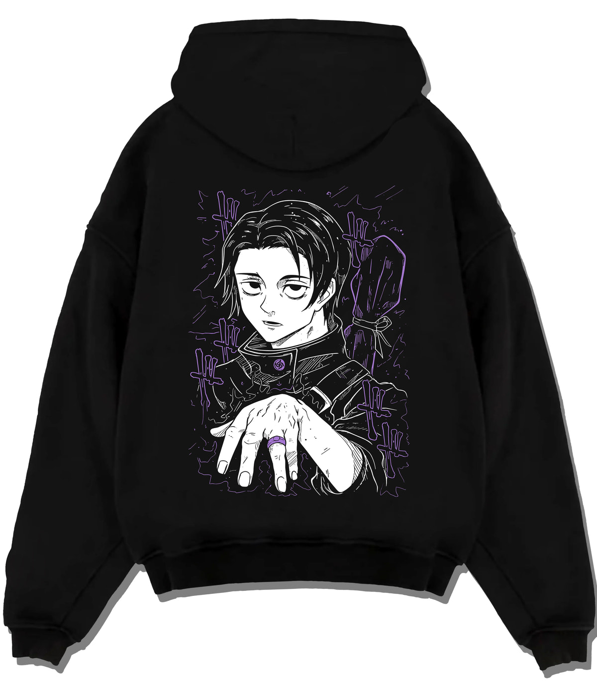 Black hoodie flat back view showing Yuta Okkotsu from Jujutsu Kaisen: hand-forward manga portrait