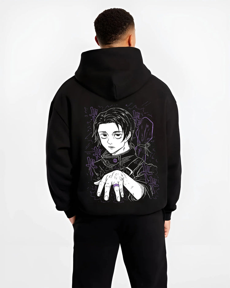 Black hoodie model back view showing Yuta Okkotsu from Jujutsu Kaisen: hand-forward manga portrait