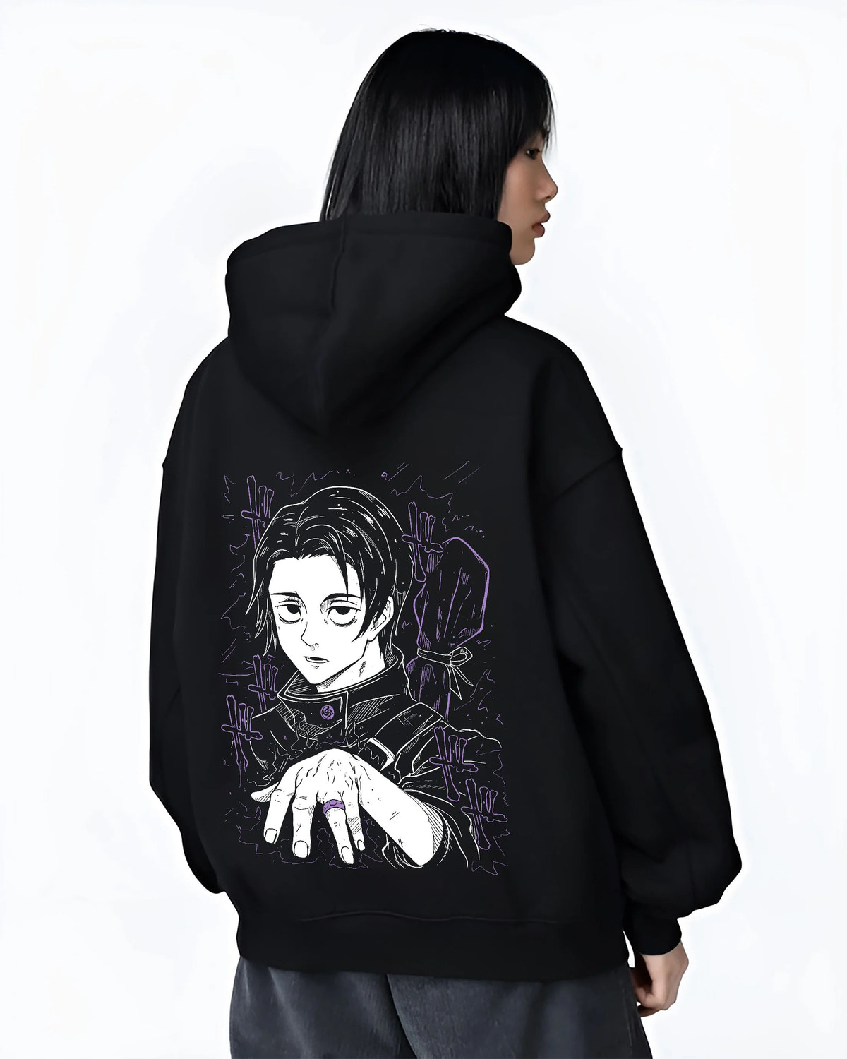 Black hoodie female model back view showing Yuta Okkotsu from Jujutsu Kaisen: hand-forward manga portrait